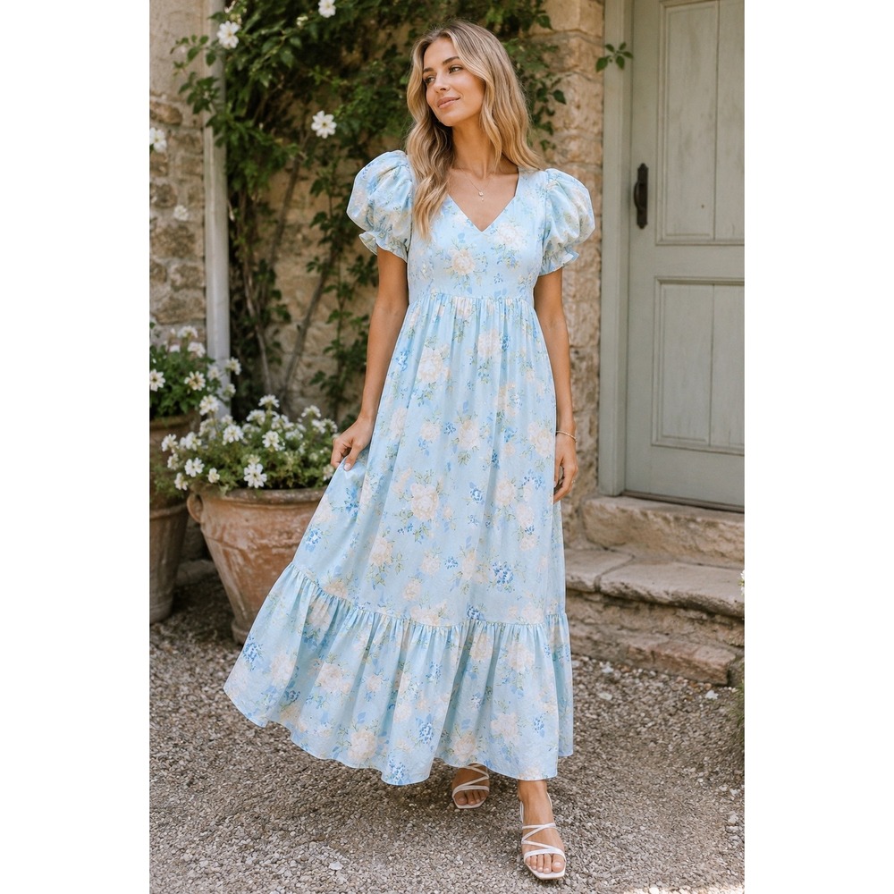 LoveShackFancy Target Floral Puff Sleeve Midi Dress Blue Cottagecore Womens 8
